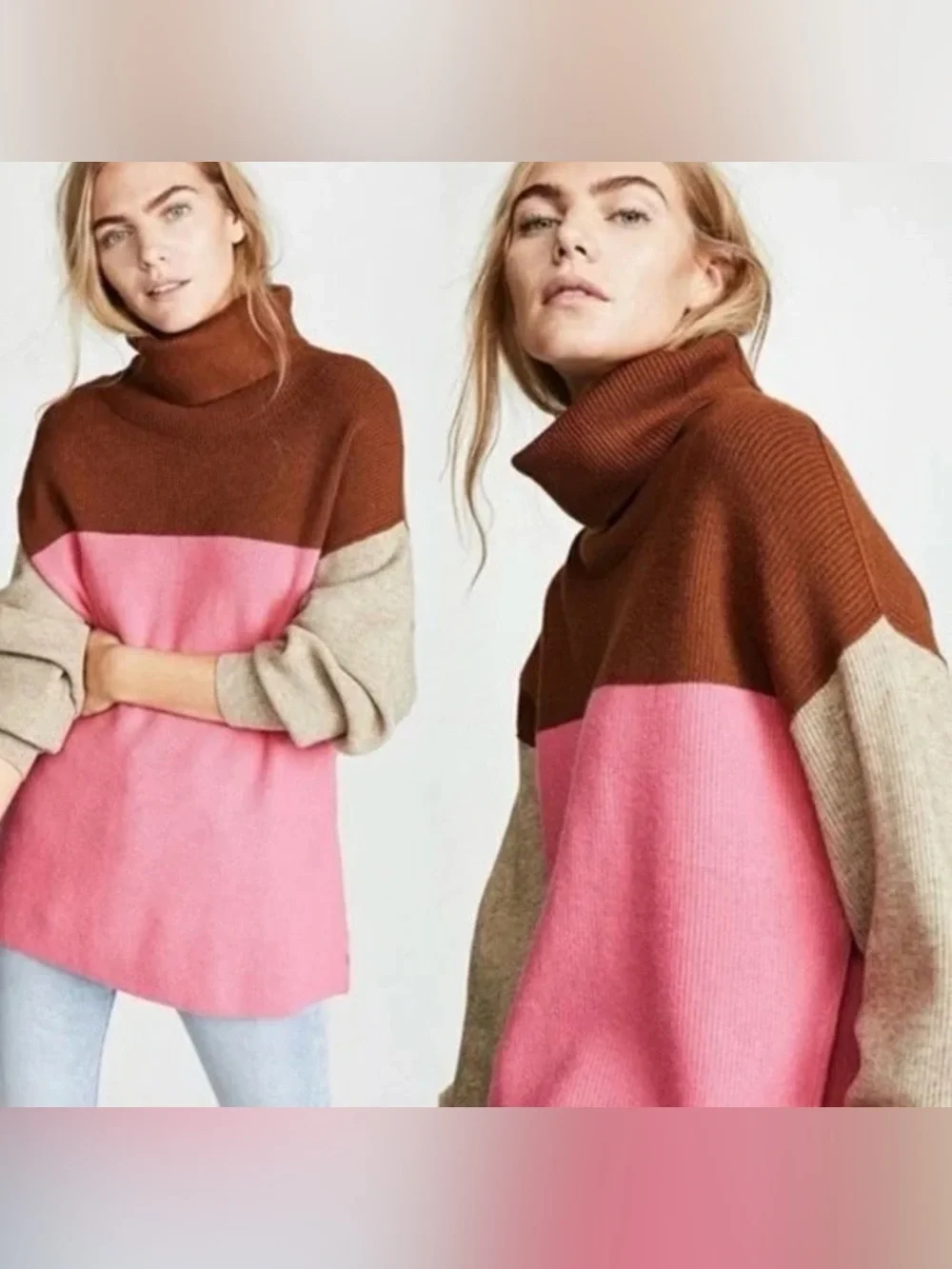 Free People | Women’s Pink/Brown/Oatmeal Colorblock Oversized Turtleneck Sweater